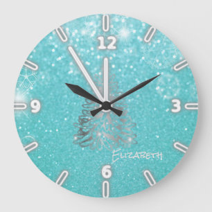 Silver Christmas Tree, Blue Glittery- Personalized Large Clock