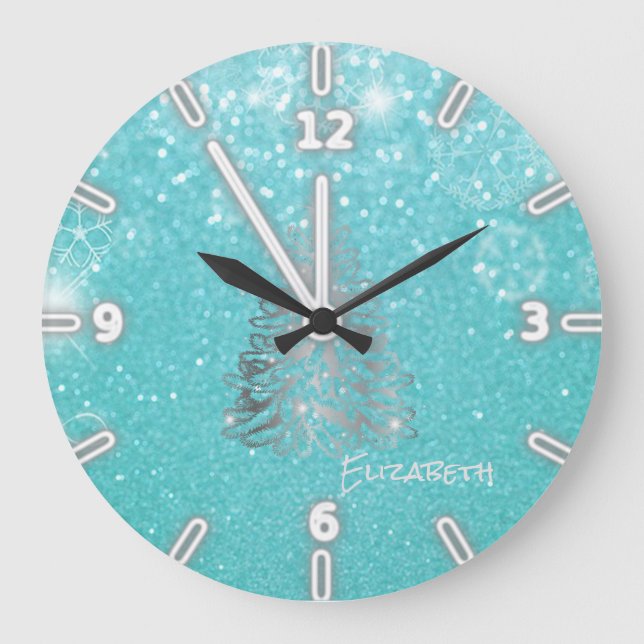 Silver Christmas Tree, Blue Glittery- Personalized Large Clock (Front)