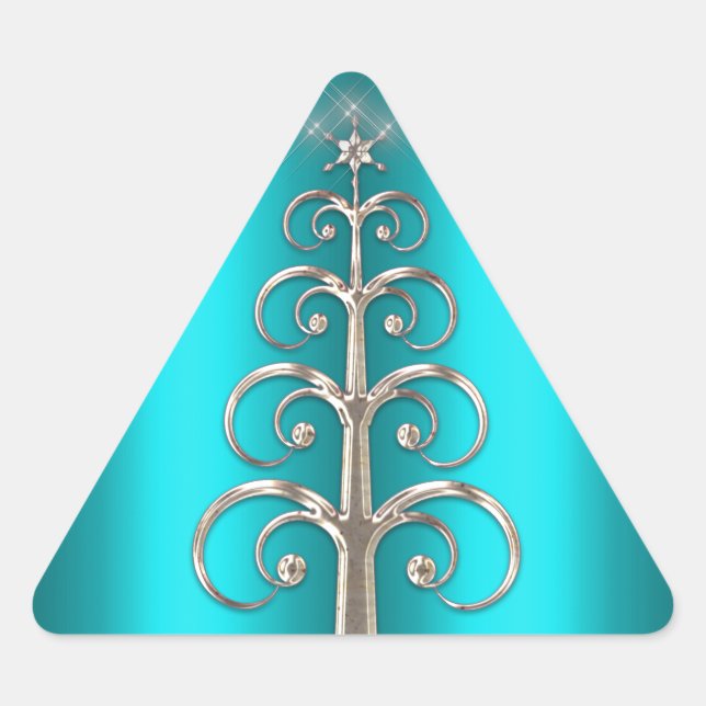 Silver Christmas Tree on Aqua Triangle Sticker (Front)