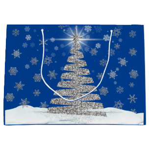 Silver Christmas Tree on Blue Holiday Large Gift Bag
