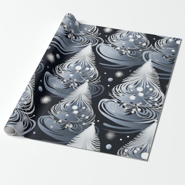 Silver Christmas Tree Wrapping Paper (Unrolled)