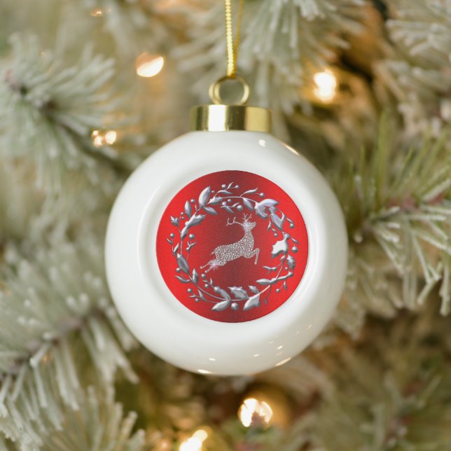 Silver Christmas Wreath and Reindeer Ceramic Ball Christmas Ornament (Tree)