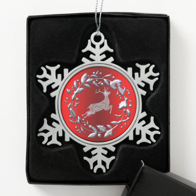 Silver Christmas Wreath and Reindeer Snowflake Pewter Christmas Ornament (Box)