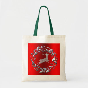 Silver Christmas Wreath and Reindeer Tote Bag
