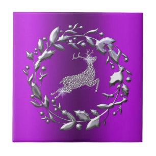 Silver Christmas Wreath, Reindeer Purple Christmas Tile