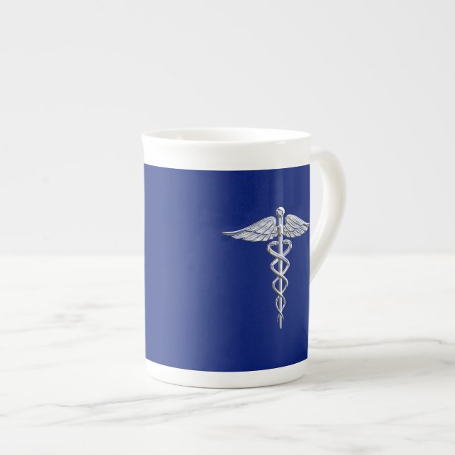 Silver Chrome Caduceus Medical Symbol on Navy Blue Bone China Mug (Front Right)