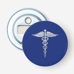 Silver Chrome Caduceus Medical Symbol on Navy Blue Bottle Opener