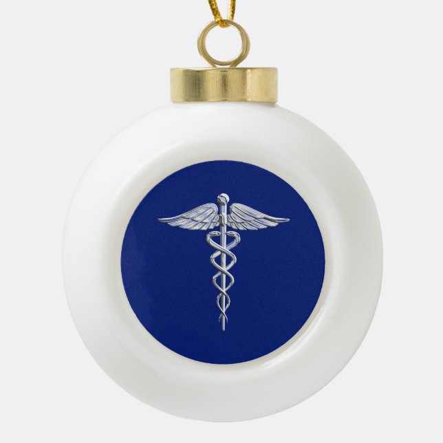 Silver Chrome Caduceus Medical Symbol on Navy Blue Ceramic Ball Christmas Ornament (Front)