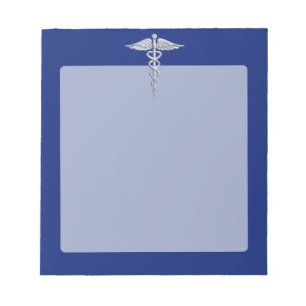 Silver Chrome Caduceus Medical Symbol on Navy Blue Notepad