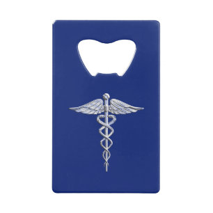 Silver Chrome Caduceus Medical Symbol on Navy Blue Wallet Bottle Opener