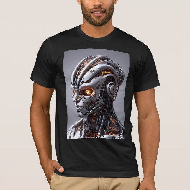 Silver Chrome Cyborg Glowing Orange Sci-Fi T-Shirt (Front)