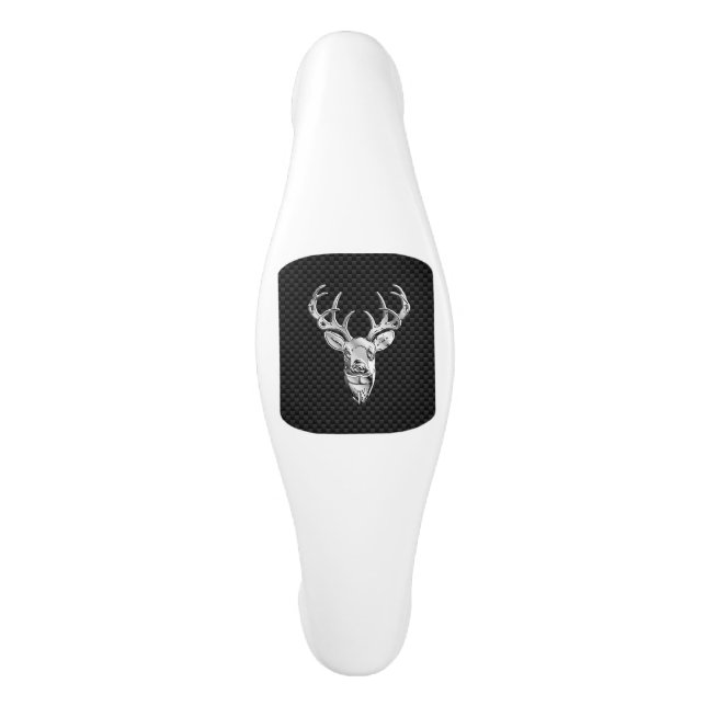 Silver Chrome Deer on Carbon Fibre Style Print Ceramic Cabinet Pull (Front)