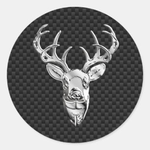 Silver Chrome Deer on Carbon Fibre Style Print Classic Round Sticker