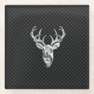 Silver Chrome Deer on Carbon Fibre Style Print Glass Coaster