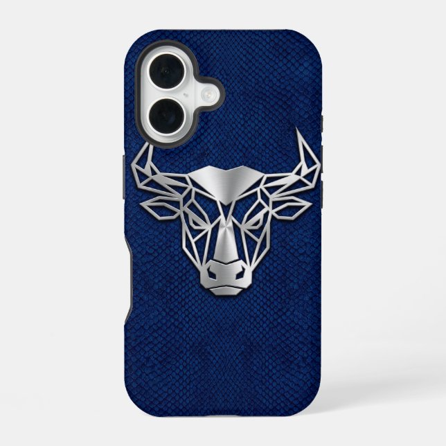 Silver Chrome Geometric Bull Blue Python iPhone 16 Case (Back)