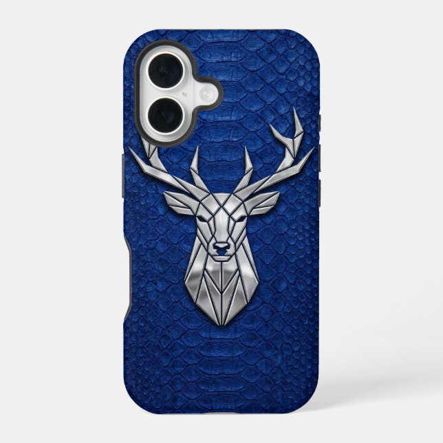 Silver Chrome Geometric Deer Blue Python iPhone 16 Case (Back)