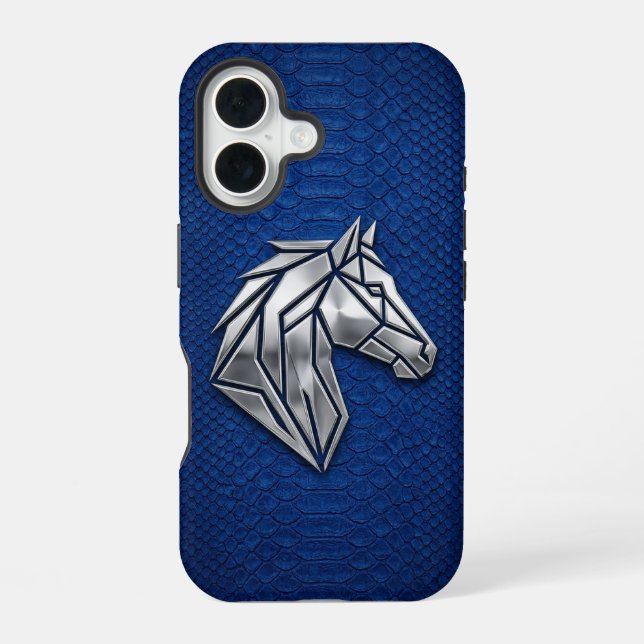 Silver Chrome Geometric Horse Blue Python iPhone 16 Case (Back)