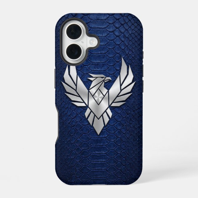 Silver Chrome Geometric Phoenix Blue Python iPhone 16 Case (Back)