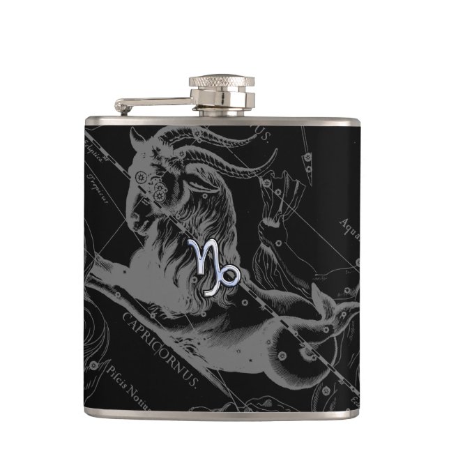 Silver Chrome like Capricorn Zodiac Sign Hevelius Hip Flask (Front)