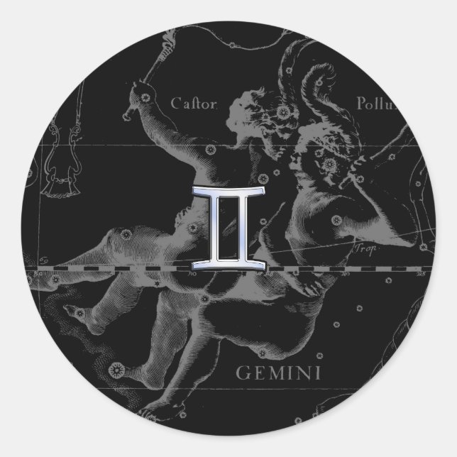 Silver Chrome like Gemini Zodiac Sign on Hevelius Classic Round Sticker (Front)