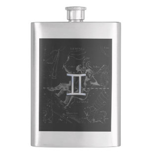 Silver Chrome like Gemini Zodiac Sign on Hevelius Hip Flask