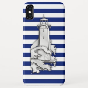 Silver Chrome Like Lighthouse on Navy Stripes iPhone XS Max Case