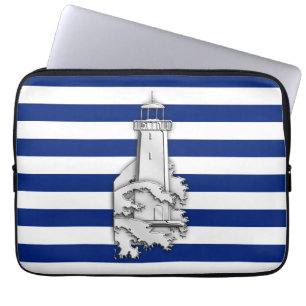 Silver Chrome Like Lighthouse on Navy Stripes Laptop Sleeve
