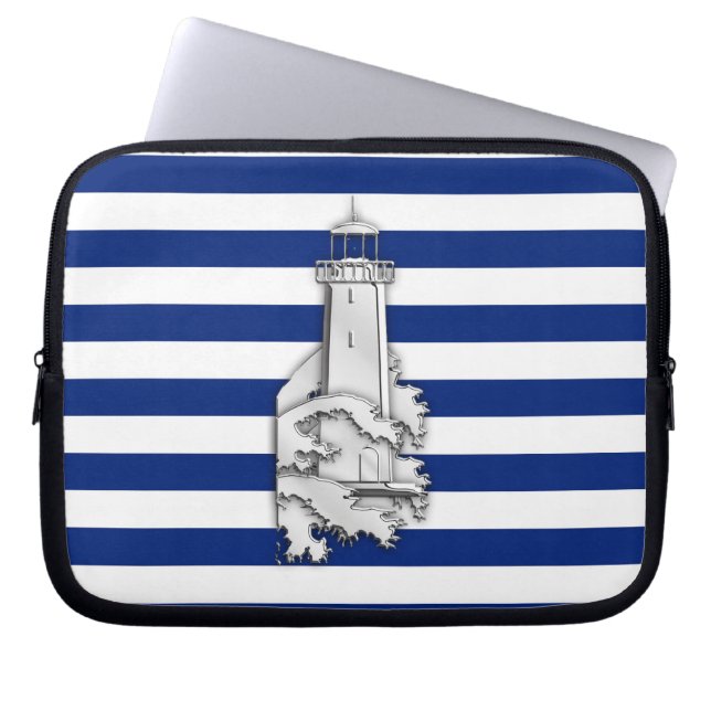 Silver Chrome Like Lighthouse on Navy Stripes Laptop Sleeve (Front)