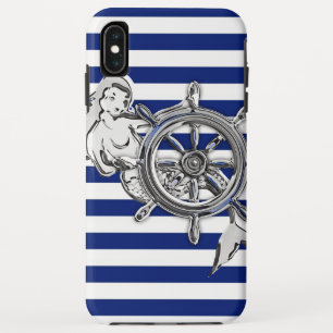 Silver Chrome Like Mermaid on Nautical Stripes iPhone XS Max Case
