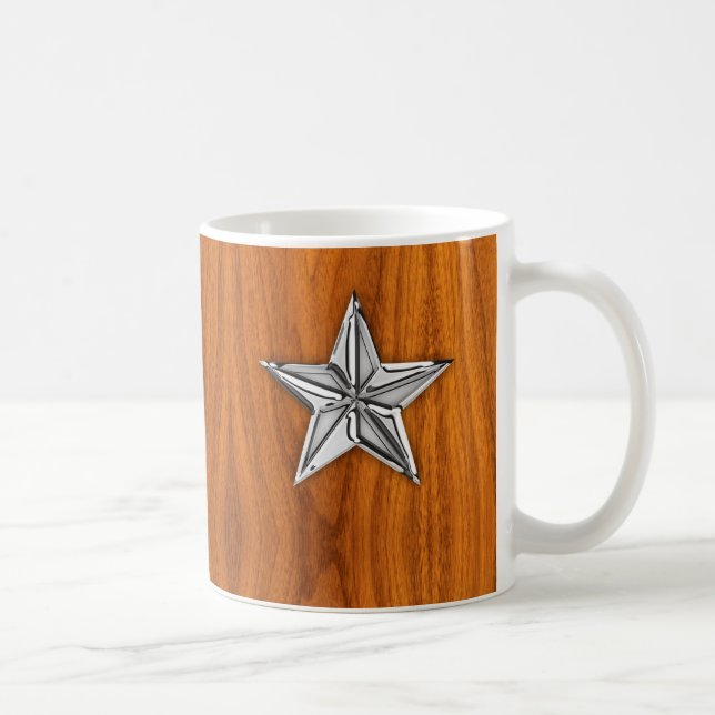 Silver Chrome Like Nautical Star on Teak Veneer Coffee Mug (Right)