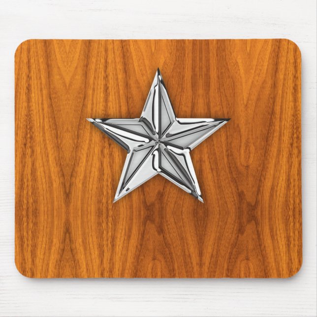 Silver Chrome Like Nautical Star on Teak Veneer Mouse Pad (Front)