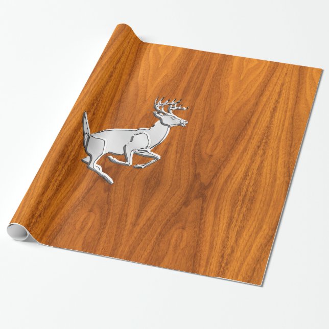 Silver Chrome Like Running Deer on Fine Teak Print Wrapping Paper (Unrolled)