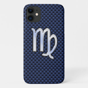 Silver Chrome Virgo Zodiac Sign on Navy Blue Decor iPhone 11 Case