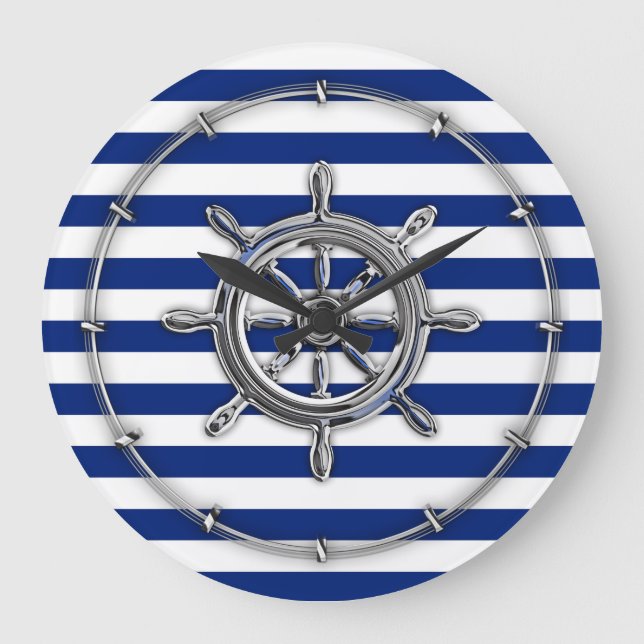 Silver Chrome Wheel on Nautical Stripes Large Clock (Front)