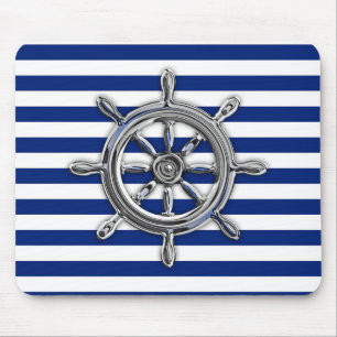 Silver Chrome Wheel on Nautical Stripes Mouse Pad