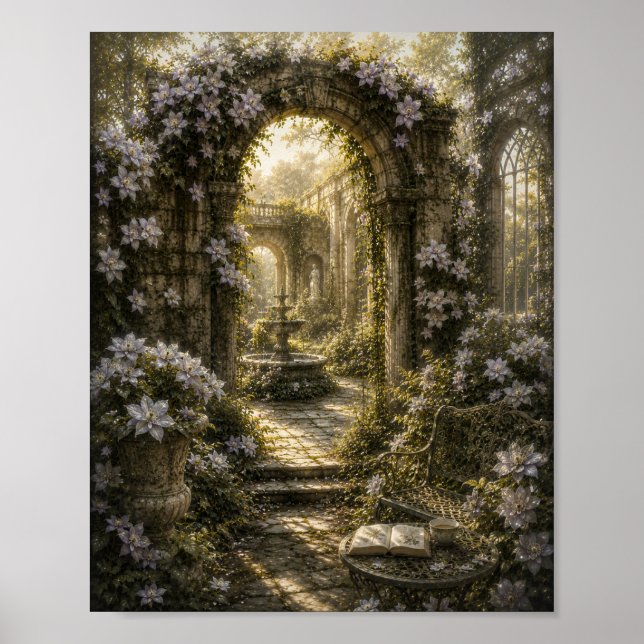Silver Clematis Ruins Vintage Botanical Poster (Front)