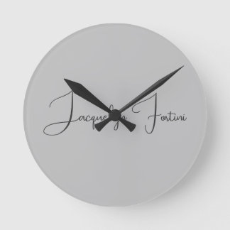 Silver Colour Elegant Grey Calligraphy Script Name Round Clock