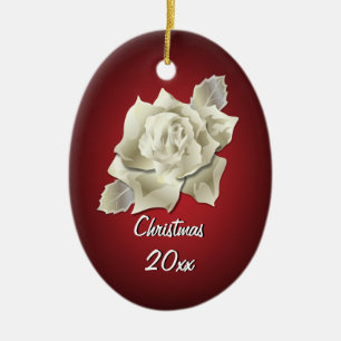 Silver Colour Rose on Dark Red Personalized Holida Ceramic Ornament