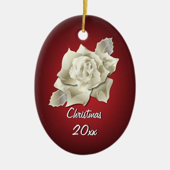 Silver Colour Rose on Dark Red Personalized Holida Ceramic Ornament (Front)