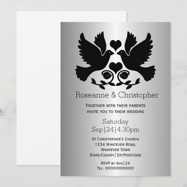 Silver Coloured Dove Personalised Wedding Invitation (Front/Back)