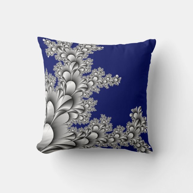 Silver Coloured Fractal on Midnight Blue Throw Pillow (Front)