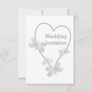 Silver Coloured Heart And Butterflies Wedding  Invitation