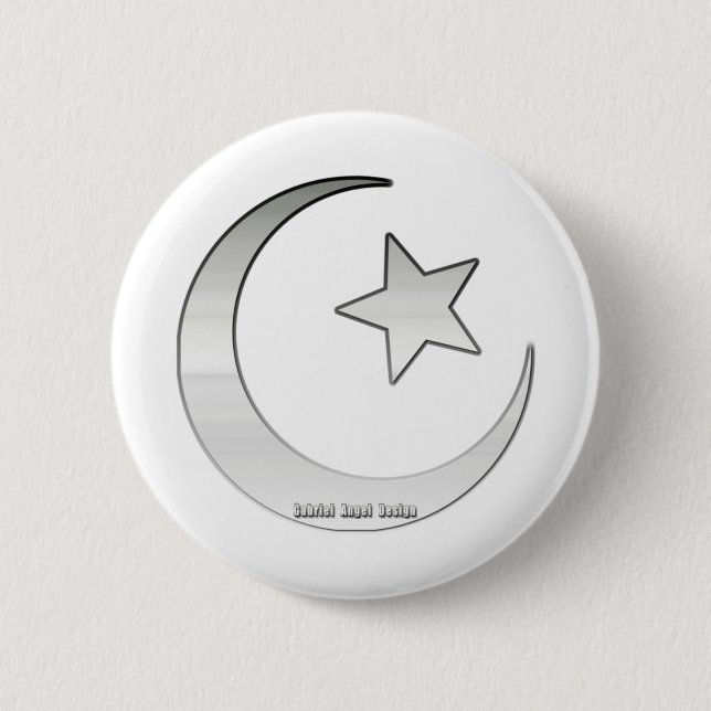 Silver Coloured Star and Crescent Symbol 2 Inch Round Button (Front)