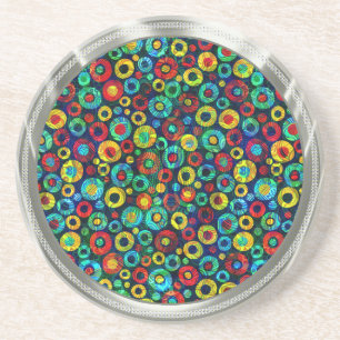 Silver & Colourful Retro Geometri Circles Pattern Coaster