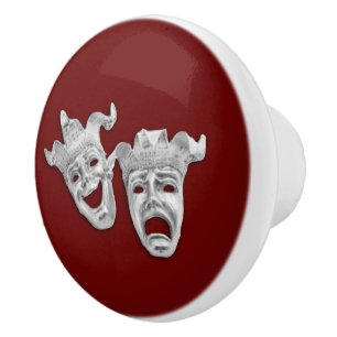 Silver Comedy and Tragedy Masks Theatre Ceramic Knob
