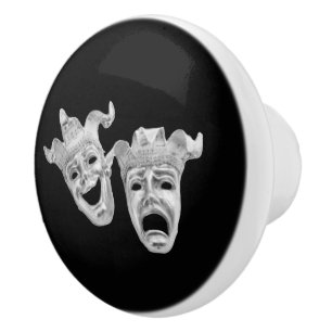 Silver Comedy and Tragedy Masks Theatre Ceramic Knob