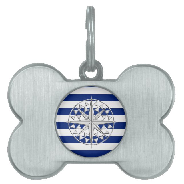 Silver Compass on Nautical Stripes Pet Name Tag (Front)