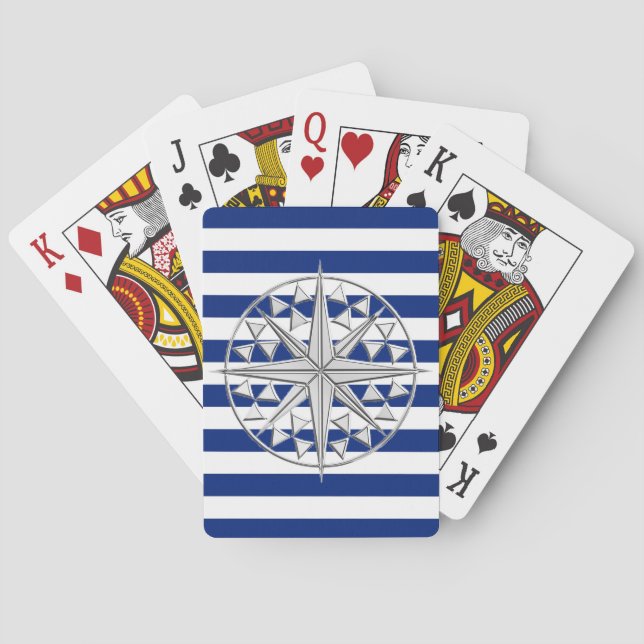 Silver Compass on Nautical Stripes Playing Cards (Back)