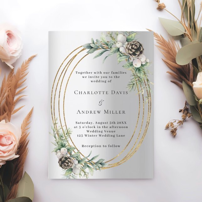 Silver cone pine greenery gold frame wedding invitation (Creator Uploaded)