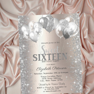 Silver Confetti Balloons Champagne Sweet 16 Invitation